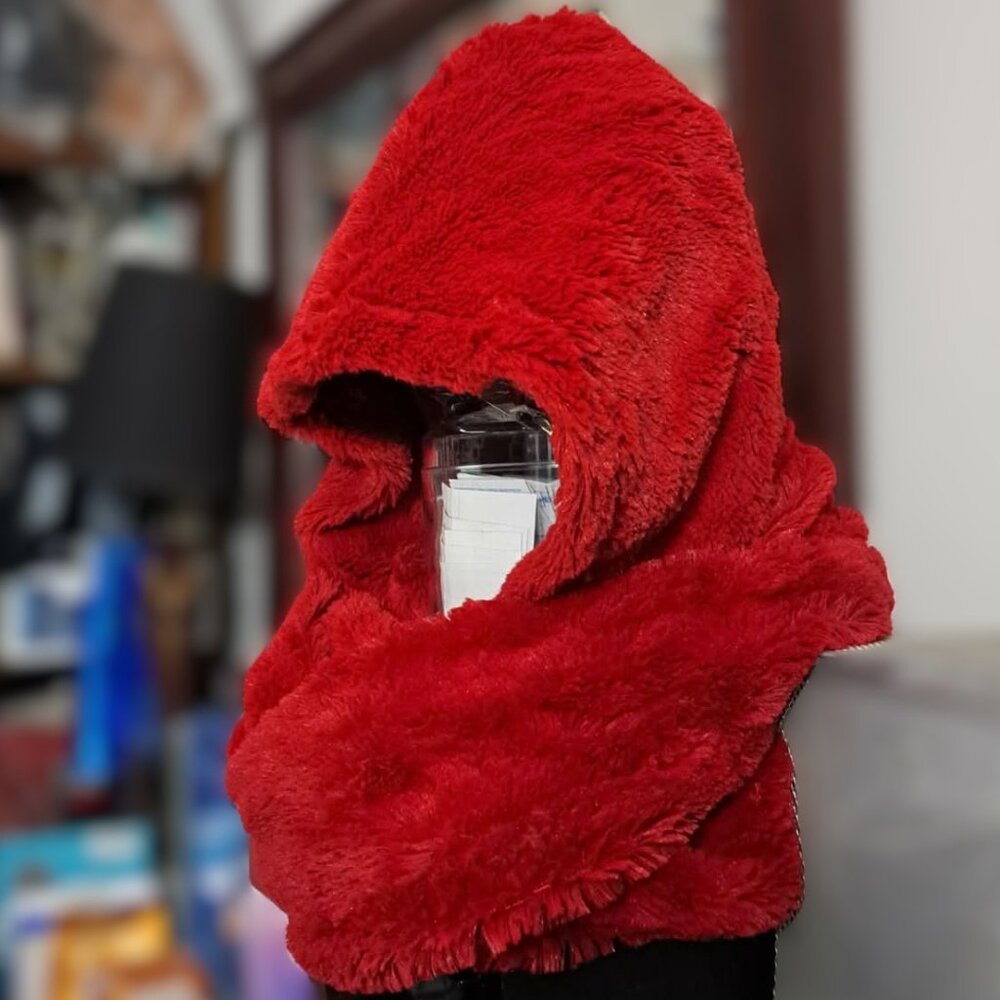 Red Fashionable Fuzzy Reversible Hooded Scarf [Scoodie] Like New
